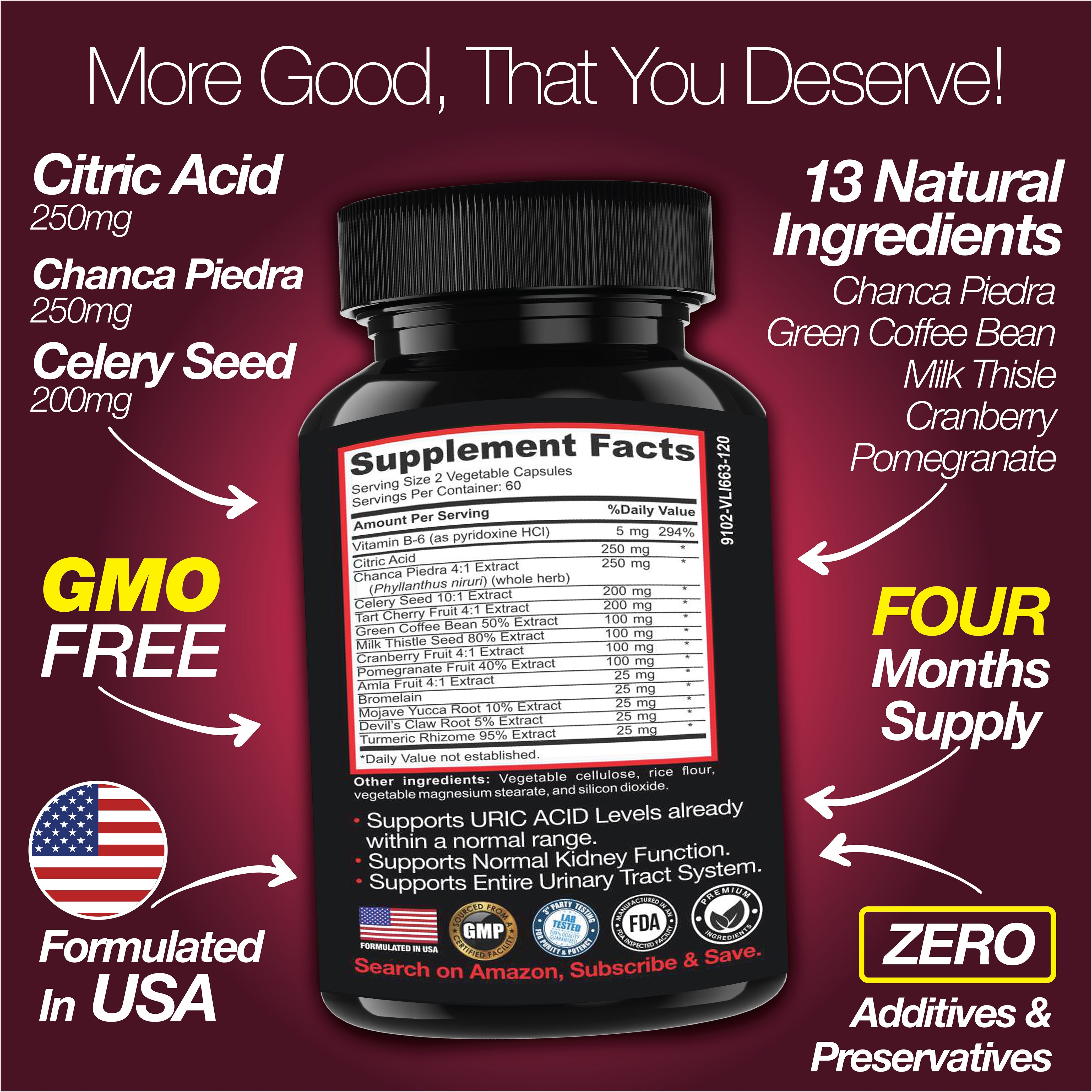 Uric Acid Support Supplement 120 Capsules Kidney Gallbladder Detox